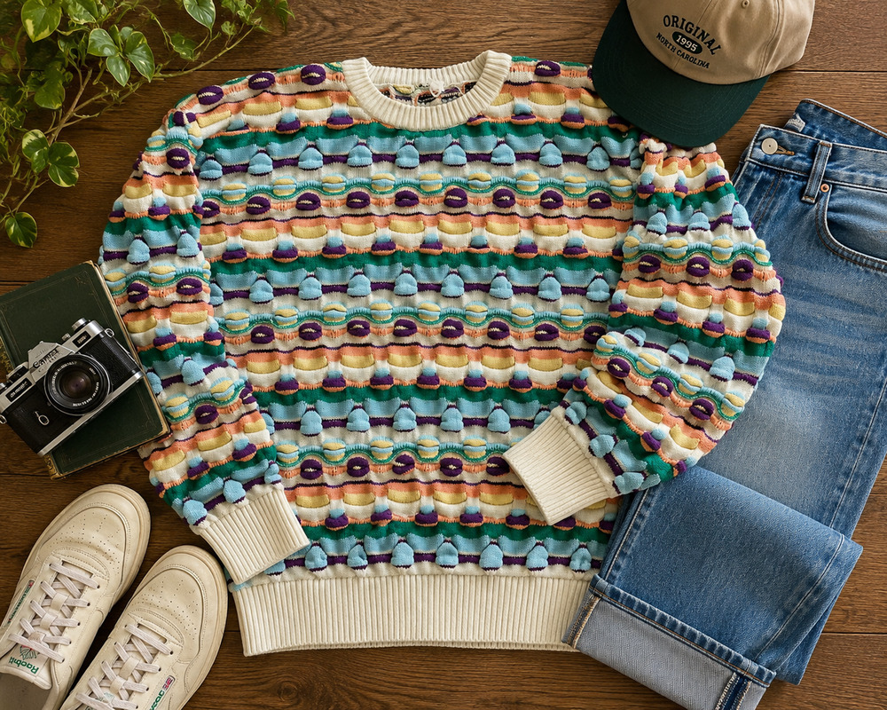 Vintage COOGI Style 3D Textured Cotton Sweater Medium Colorful Retro Knit